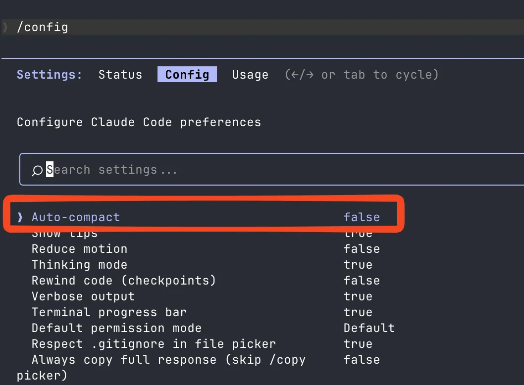 Auto-compact set to false in Claude Code /config