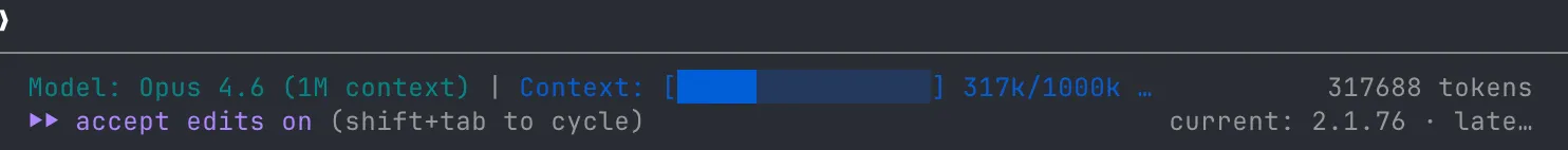 ccstatusline showing context at 317k/1000k tokens