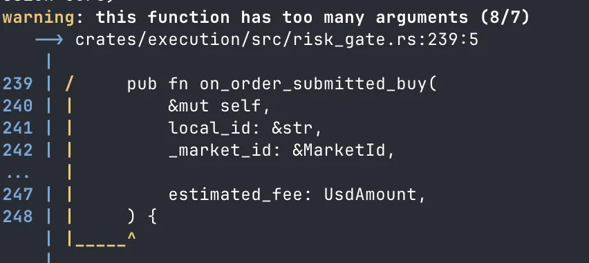 A typical clippy warning -- the exact file, line, and what's wrong. This is the kind of context that LLMs eat for breakfast.