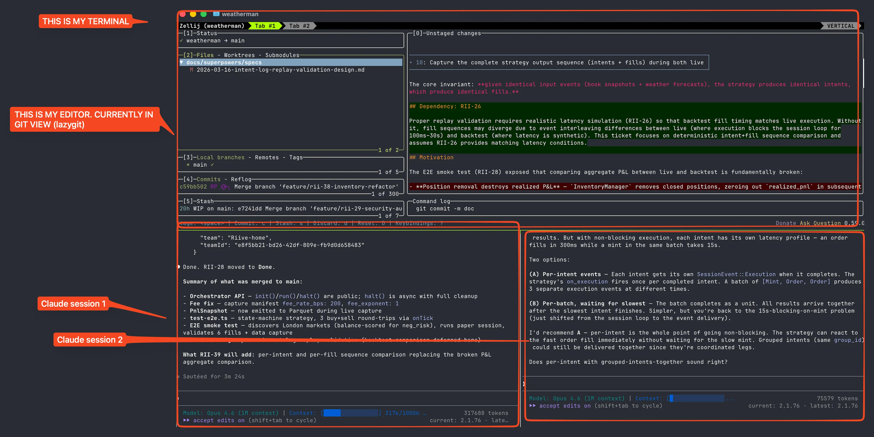 My typical view -- editor showing a markdown artifact on the left, two Claude sessions on the right